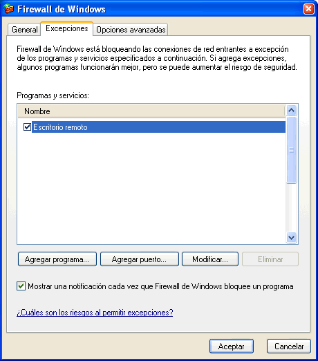 Figura 4. Activar la opcin de escritorio remoto en el firewall de XP