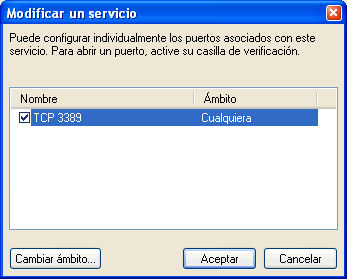 Figura 5. El puerto TCP 3389 es el que usa el escritorio remoto para comunicarse