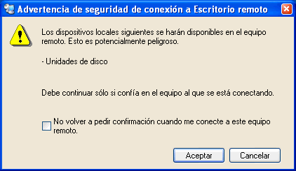 Figura 27. Advertencia de seguridad al permitir conectar desde el equipo remoto a las unidades locales