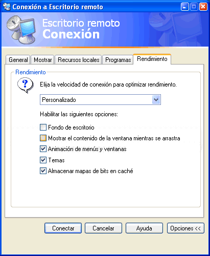 Figura 28. Opciones de rendimiento al conectar con el equipo remoto